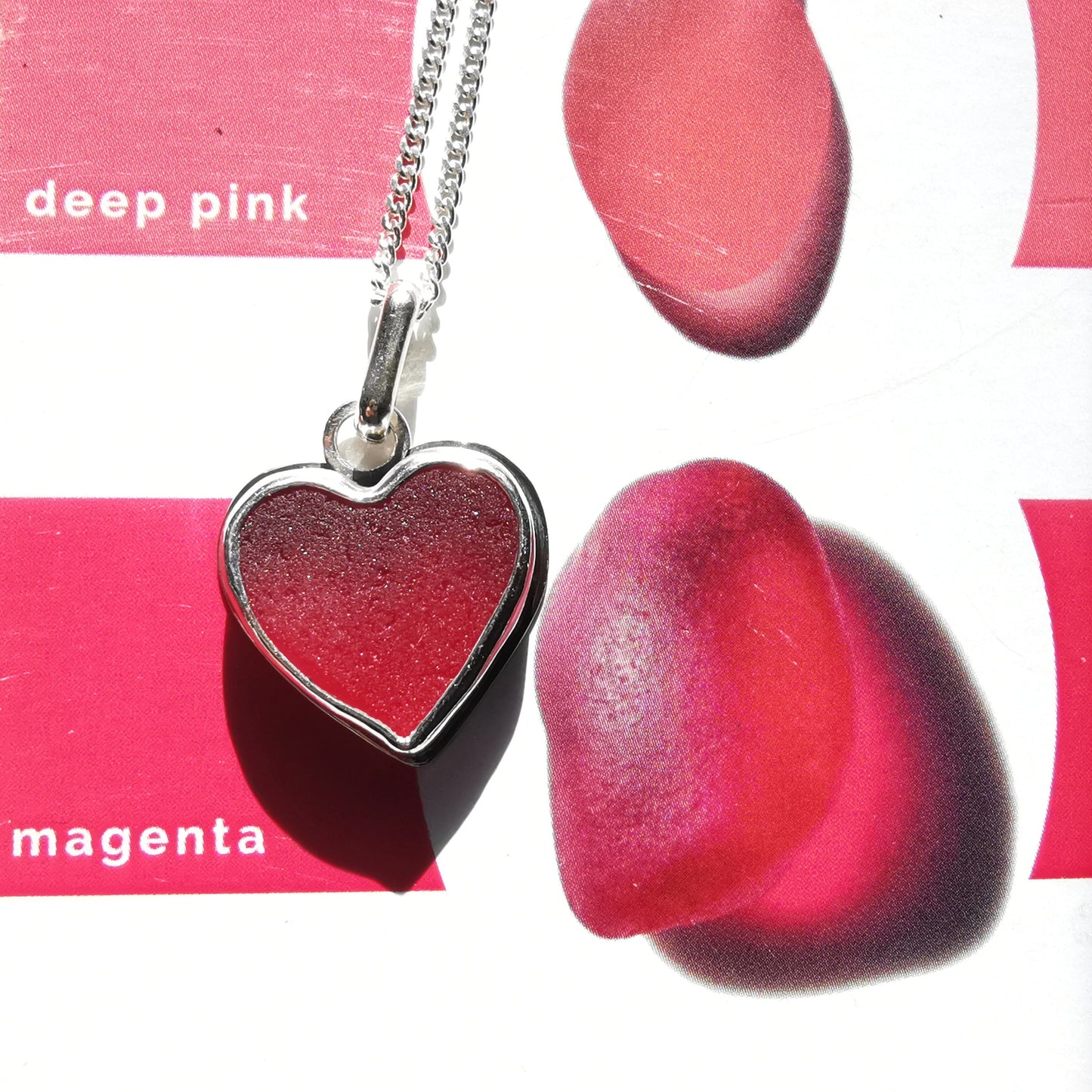 Magenta pink sea glass heart & sterling silver pendant.