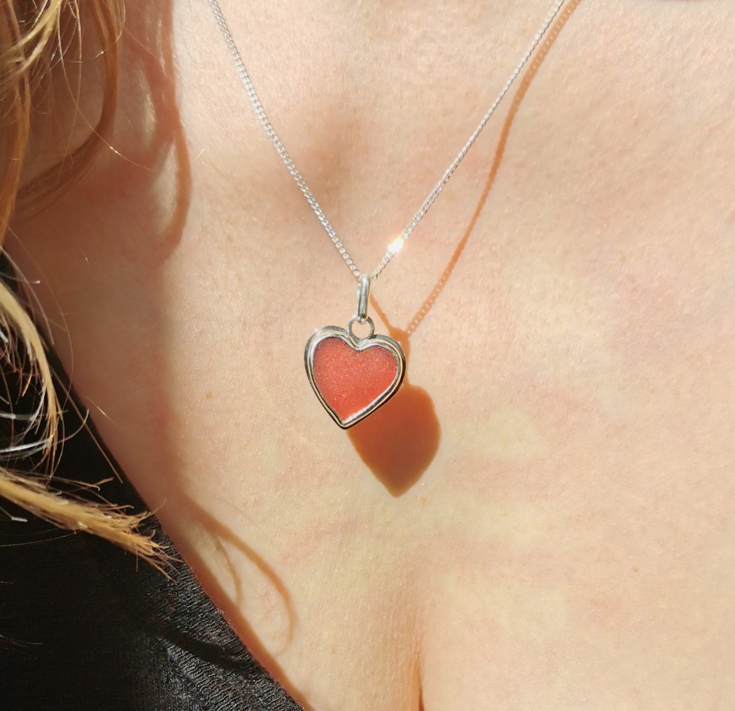 Magenta pink sea glass heart & sterling silver pendant.
