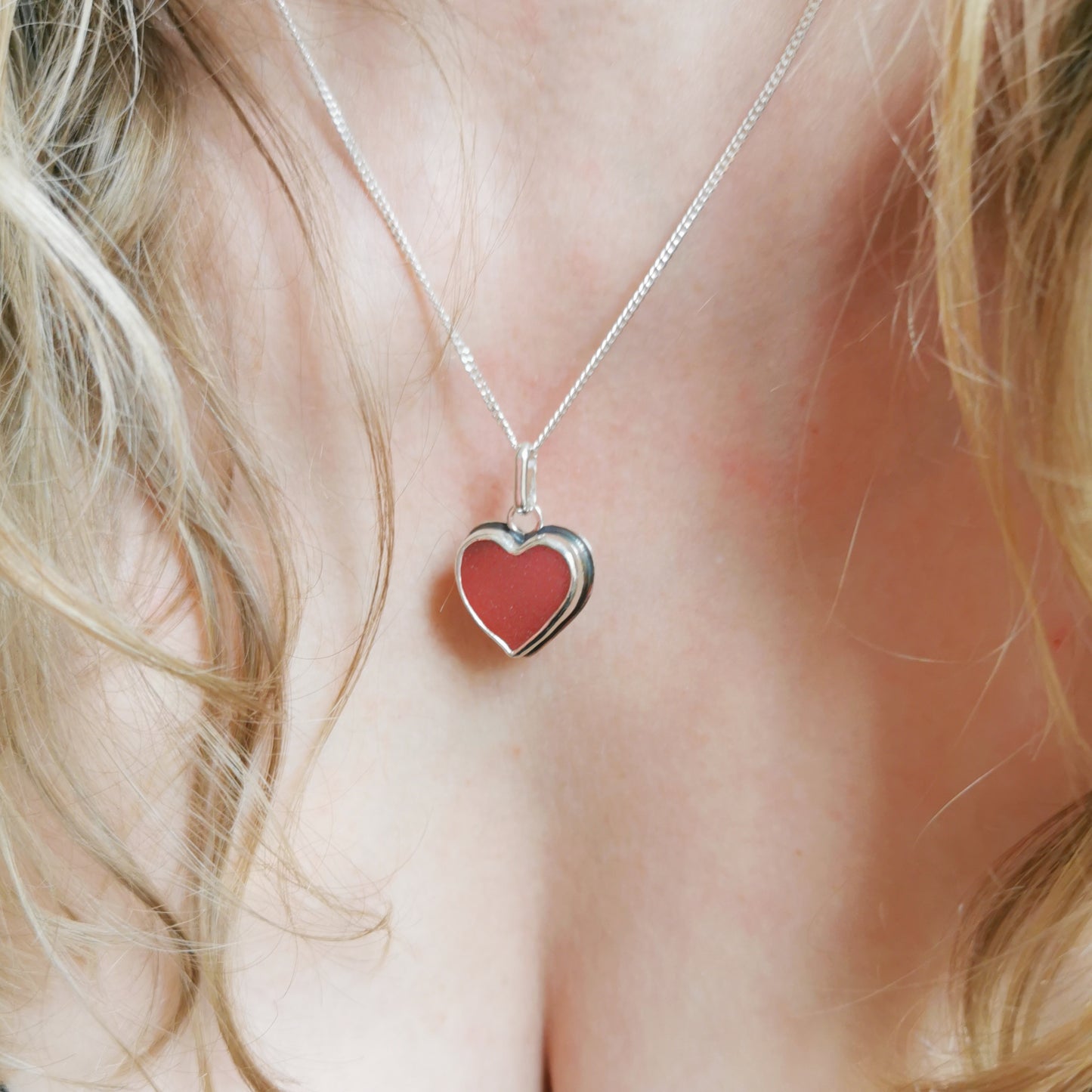 Magenta pink sea glass heart & sterling silver pendant.