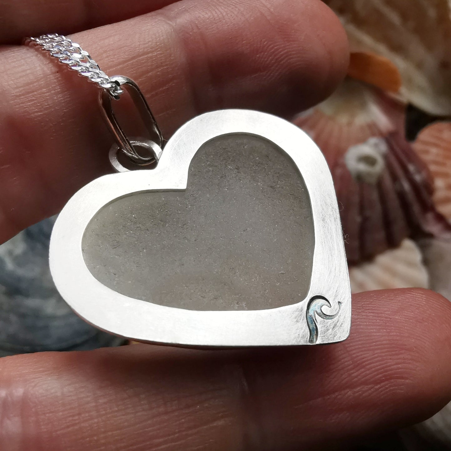 Large clear sea glass heart & sterling silver pendant.