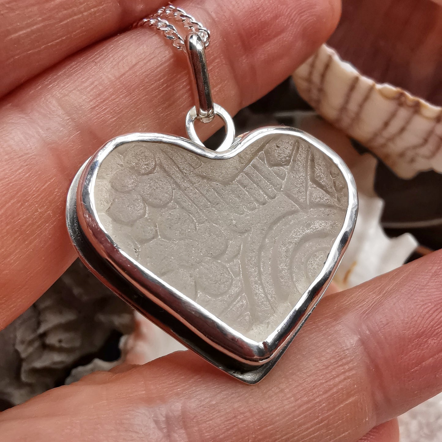Large clear sea glass heart & sterling silver pendant.