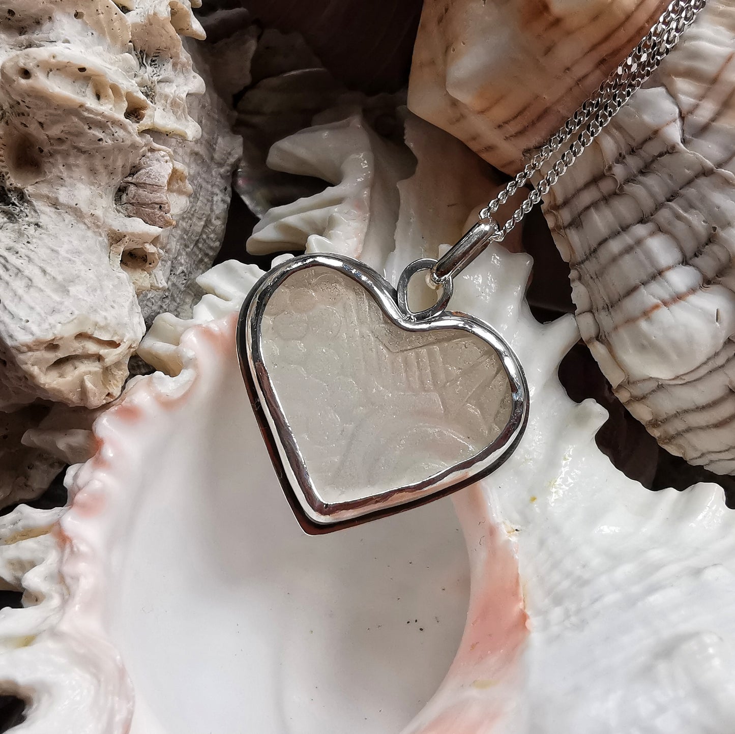 Large clear sea glass heart & sterling silver pendant.