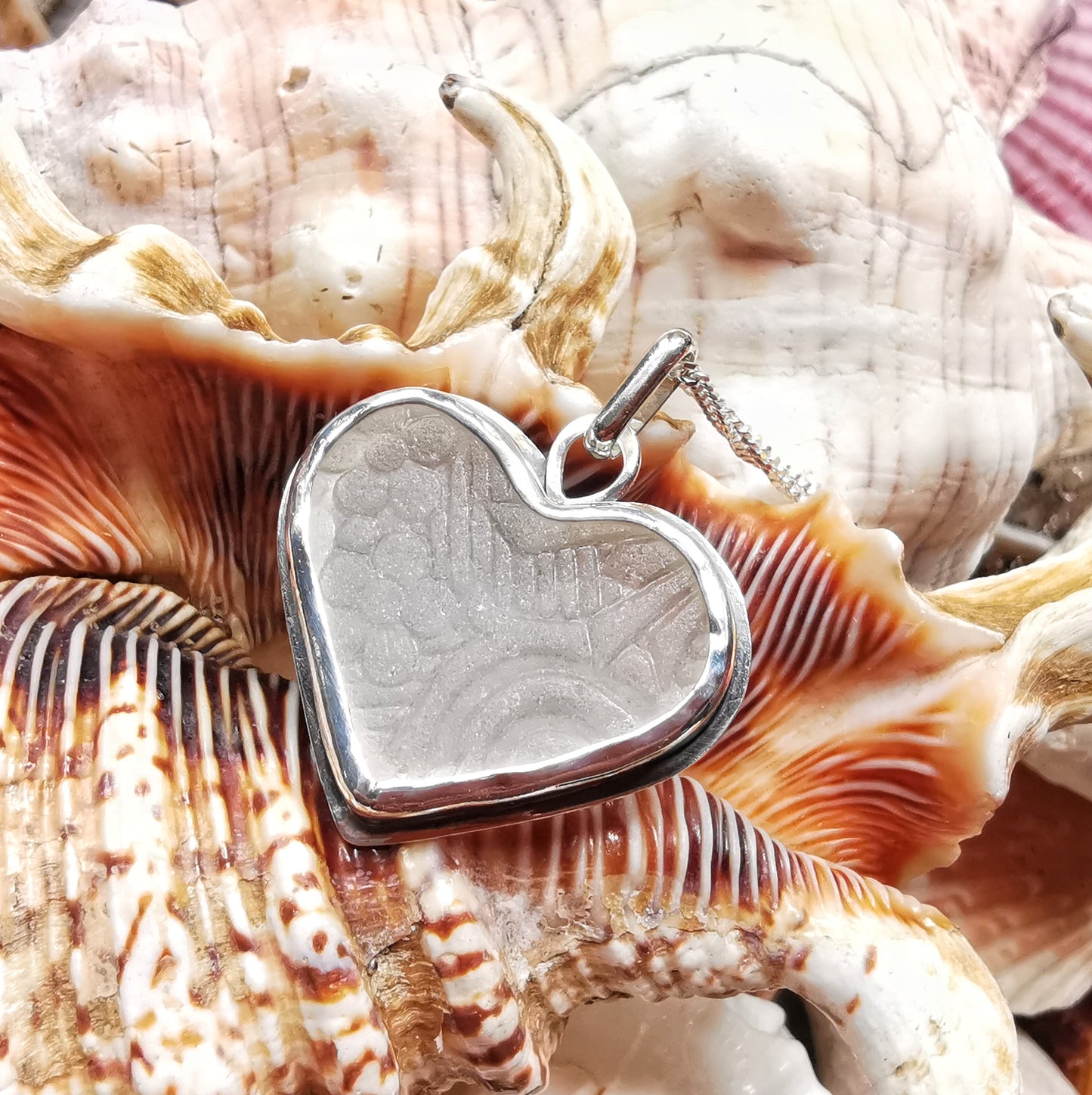 Large clear sea glass heart & sterling silver pendant.