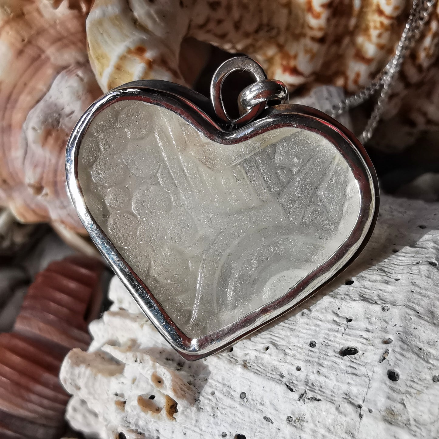 Large clear sea glass heart & sterling silver pendant.
