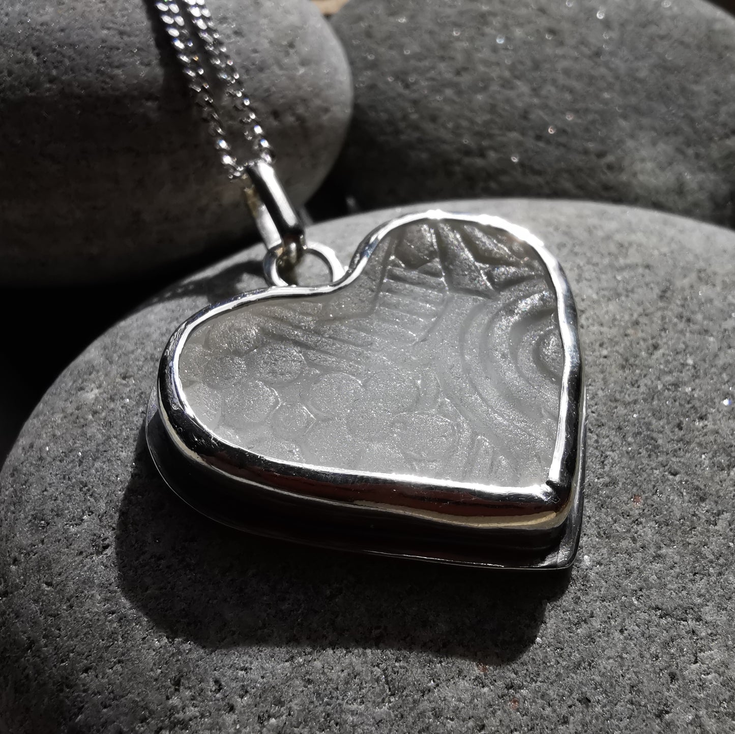 Large clear sea glass heart & sterling silver pendant.