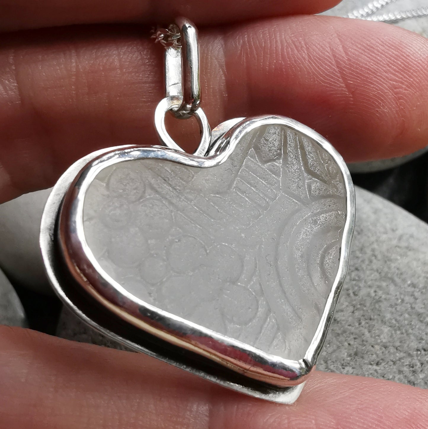 Large clear sea glass heart & sterling silver pendant.