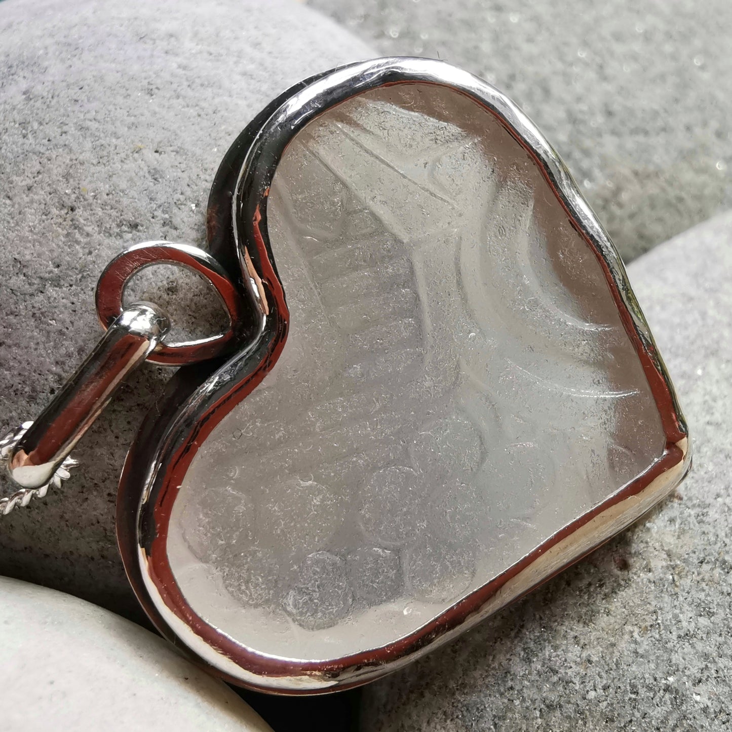 Large clear sea glass heart & sterling silver pendant.