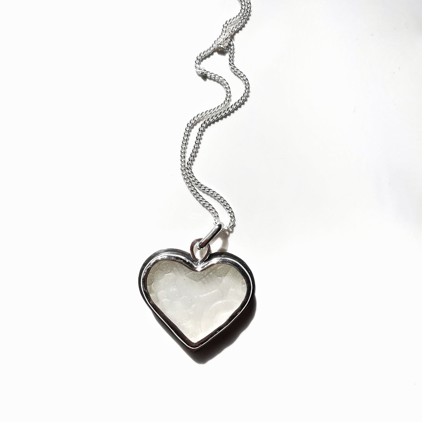 Large clear sea glass heart & sterling silver pendant.