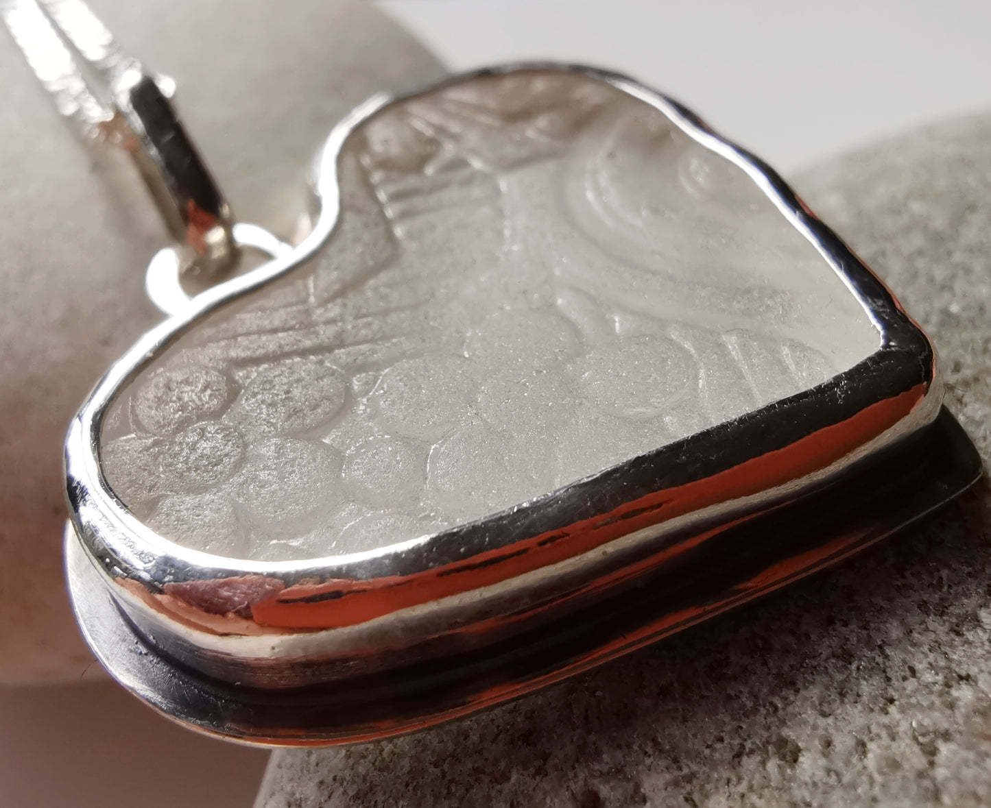 Large clear sea glass heart & sterling silver pendant.