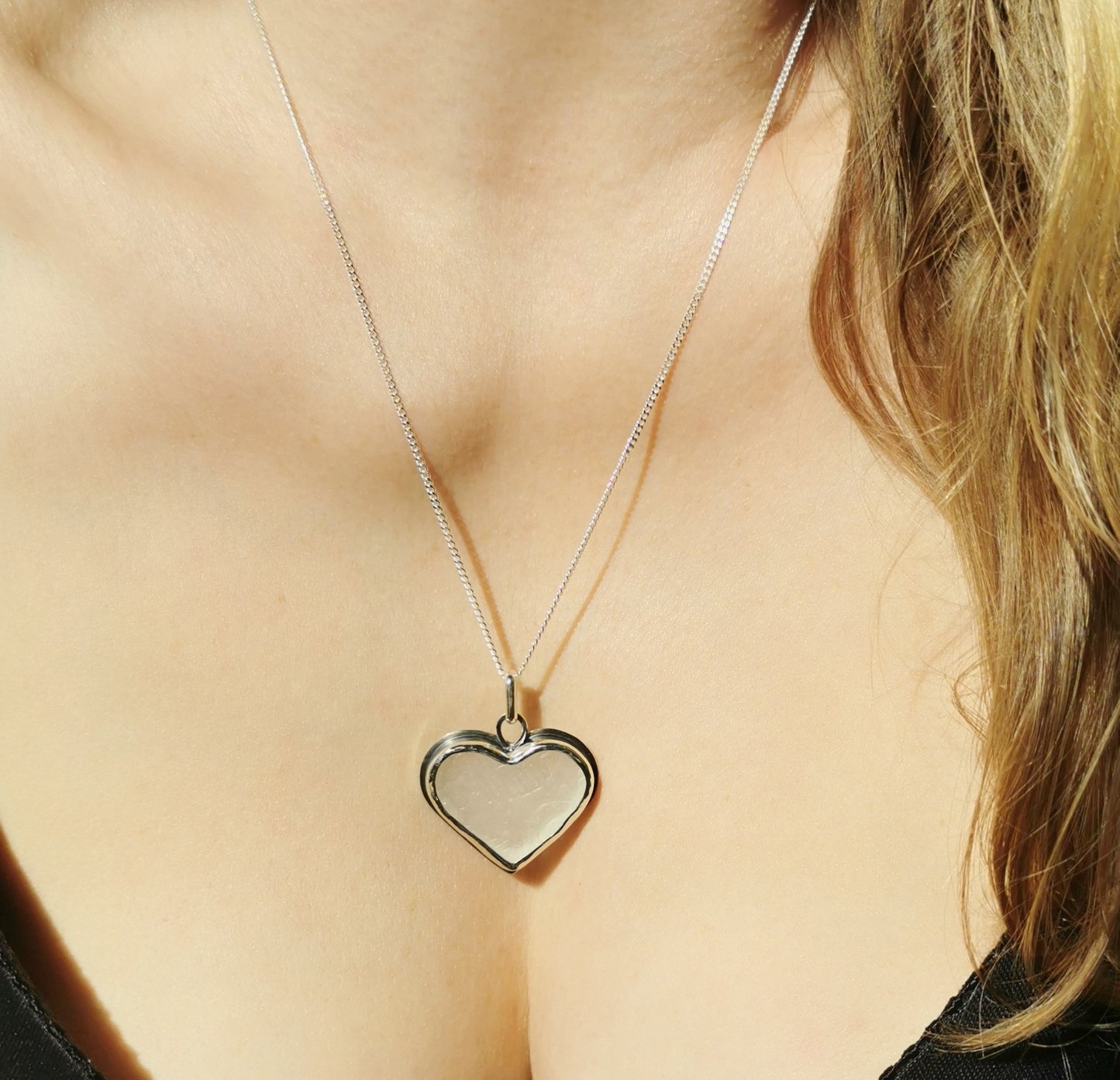 Large clear sea glass heart & sterling silver pendant.