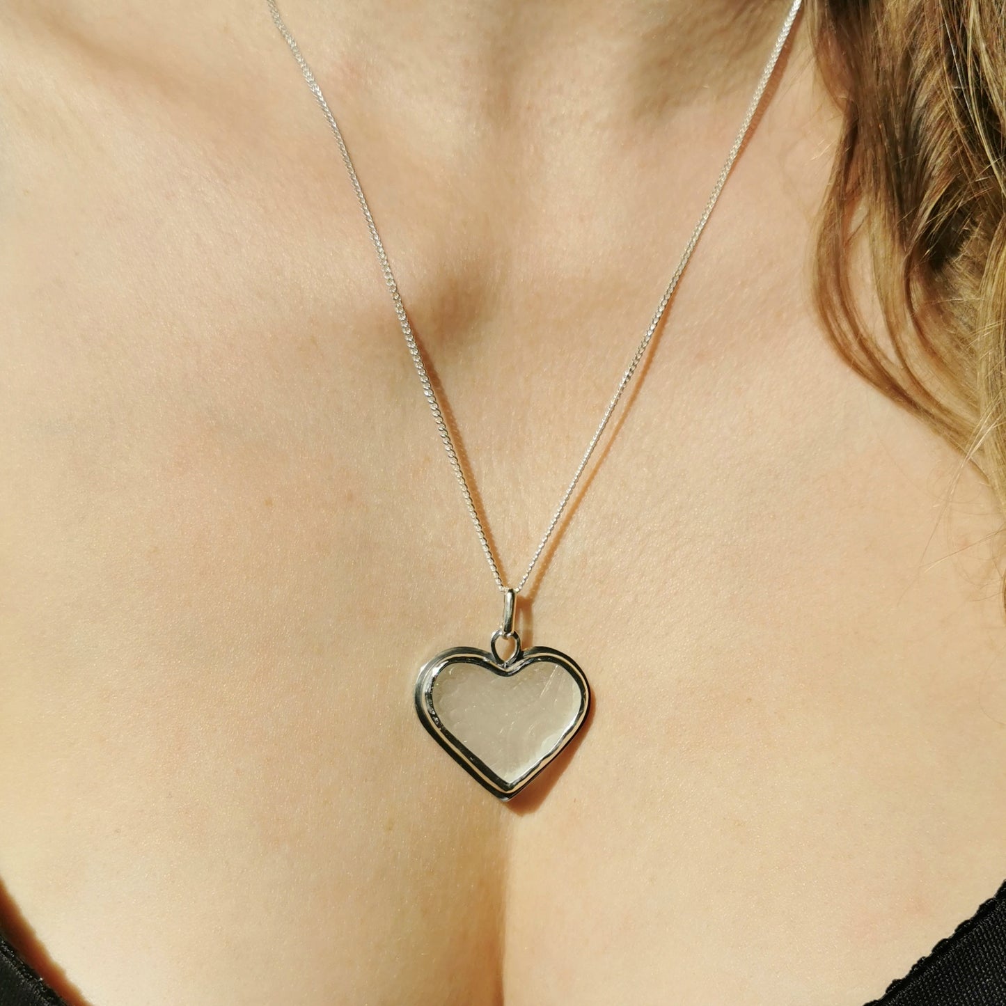 Large clear sea glass heart & sterling silver pendant.