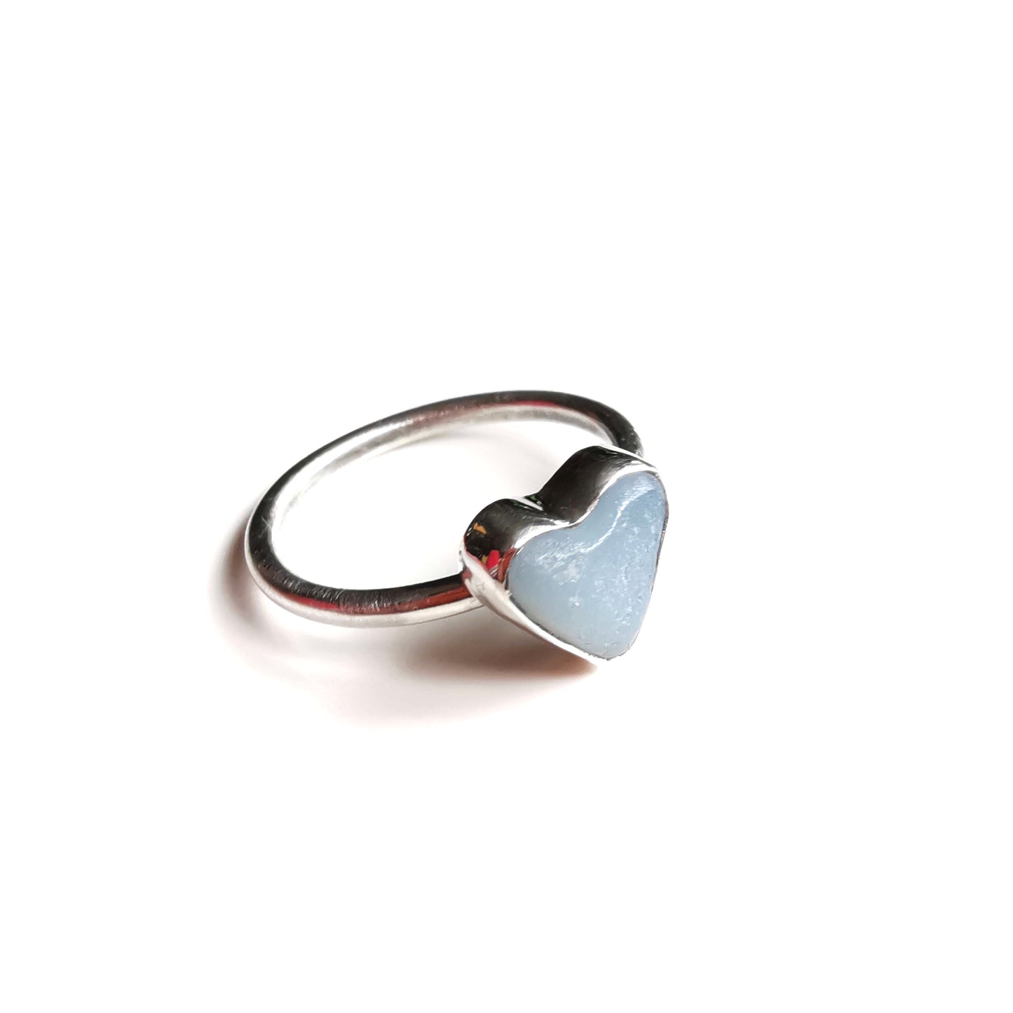 Seaham opalescent sea glass heart & sterling silver ring size N / 7