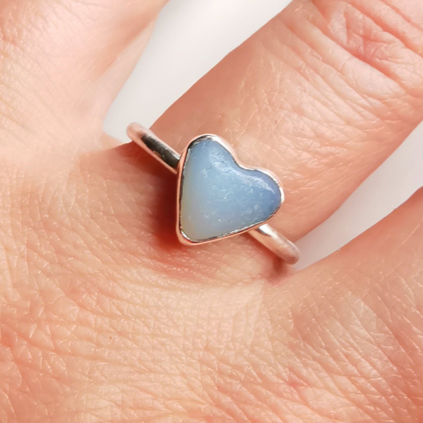 Seaham opalescent sea glass heart & sterling silver ring size N / 7