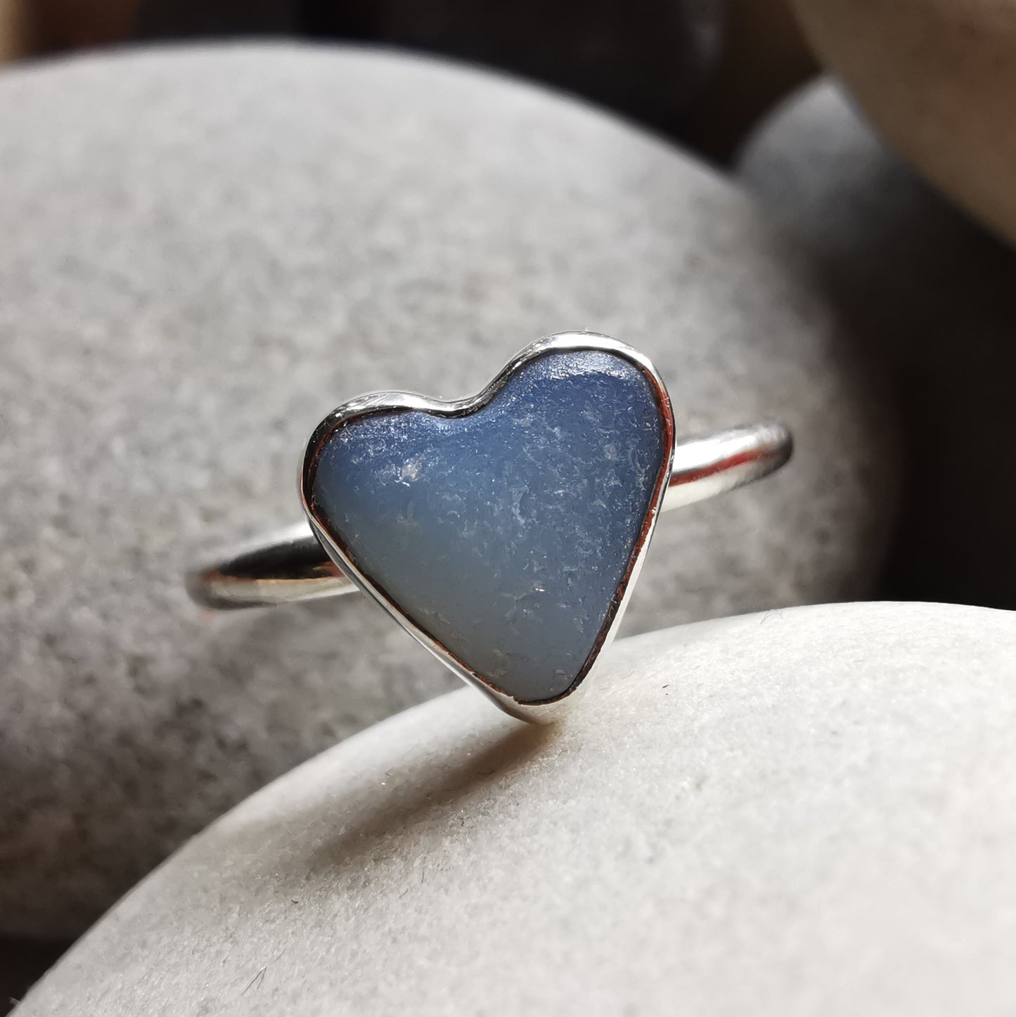 Seaham opalescent sea glass heart & sterling silver ring size N / 7