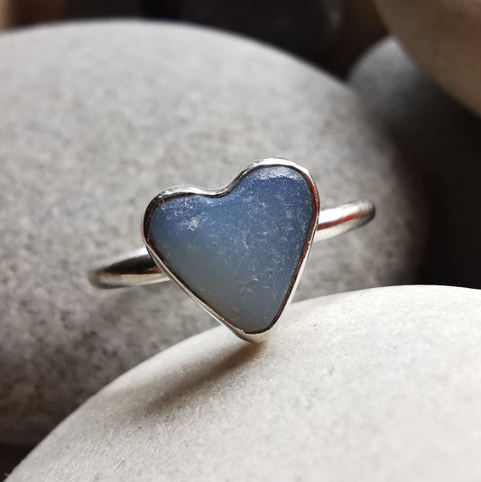 Seaham opalescent sea glass heart & sterling silver ring size N / 7