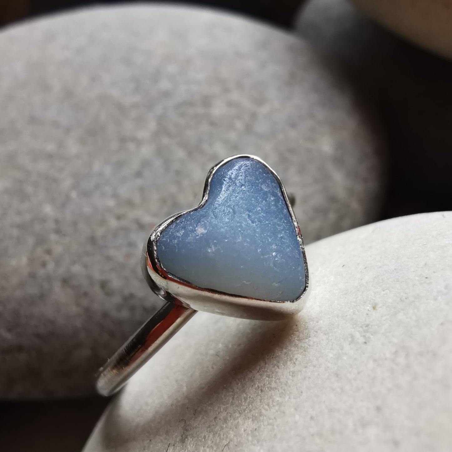 Seaham opalescent sea glass heart & sterling silver ring size N / 7