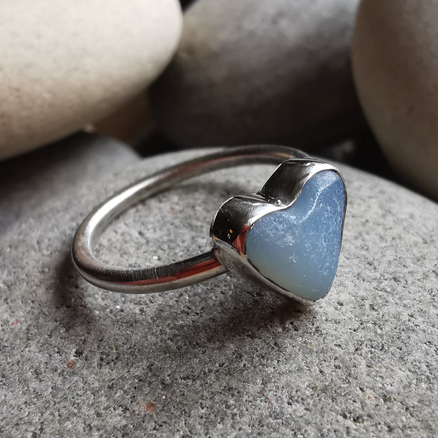 Seaham opalescent sea glass heart & sterling silver ring size N / 7