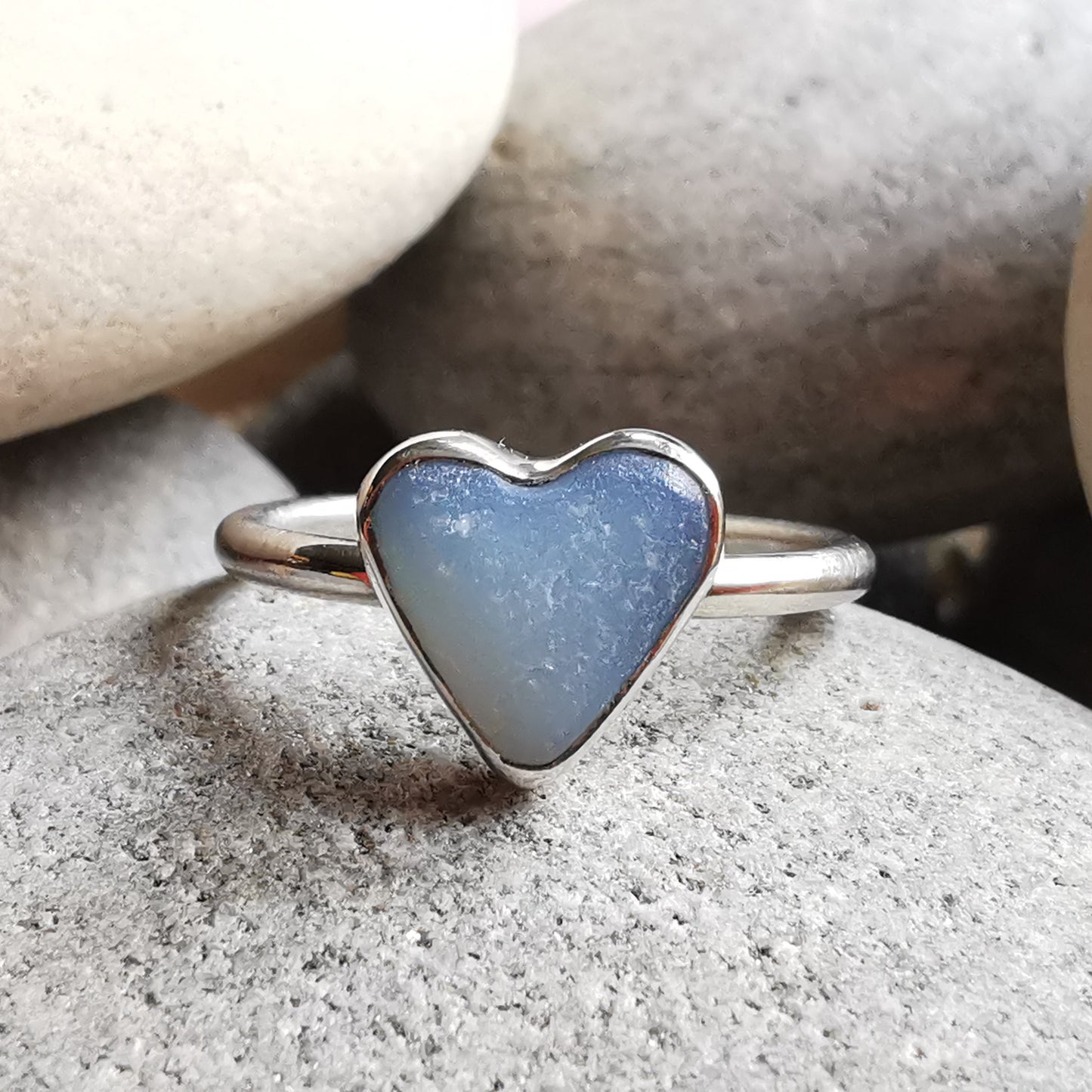 Seaham opalescent sea glass heart & sterling silver ring size N / 7