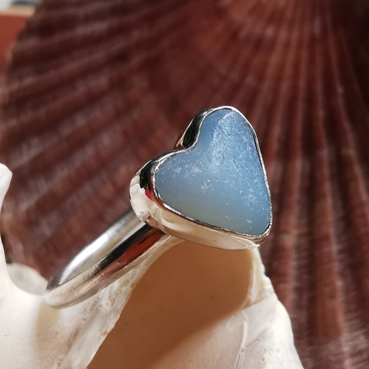Seaham opalescent sea glass heart & sterling silver ring size N / 7