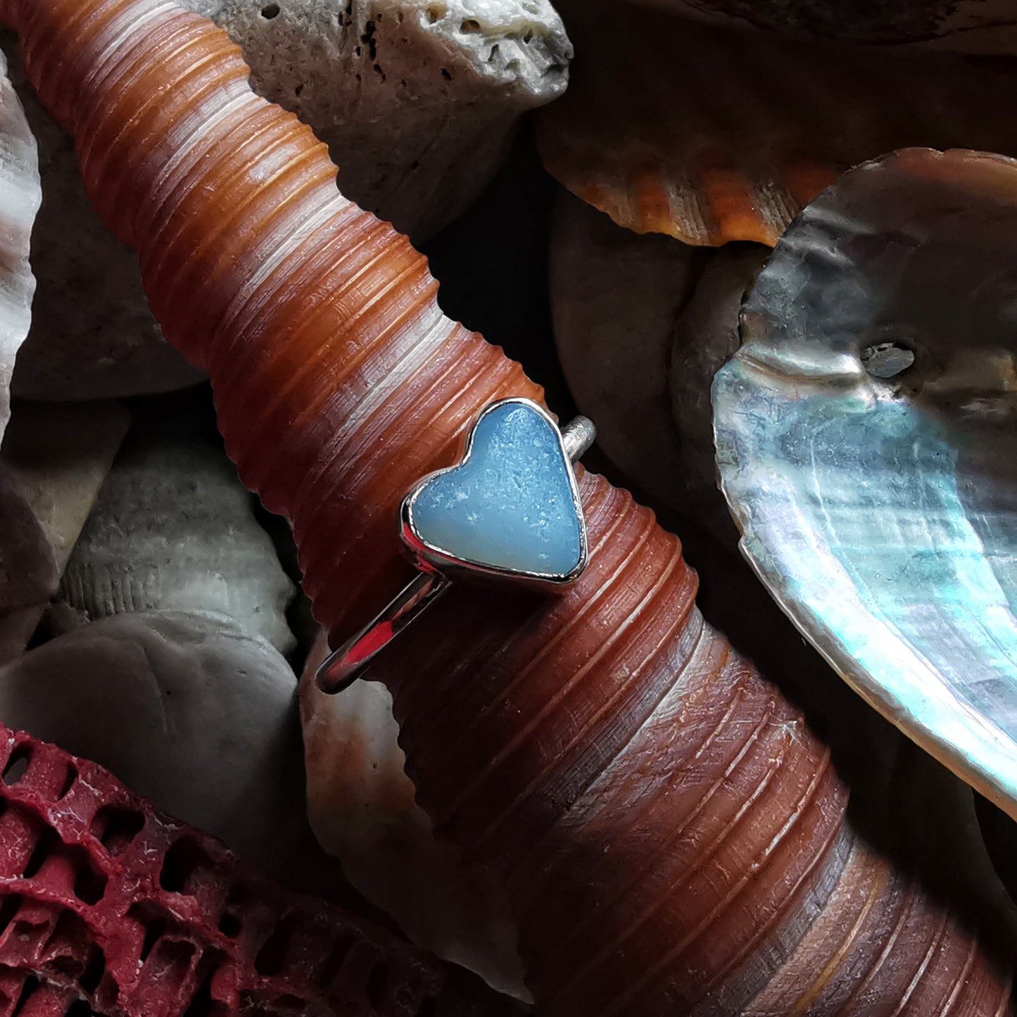 Seaham opalescent sea glass heart & sterling silver ring size N / 7