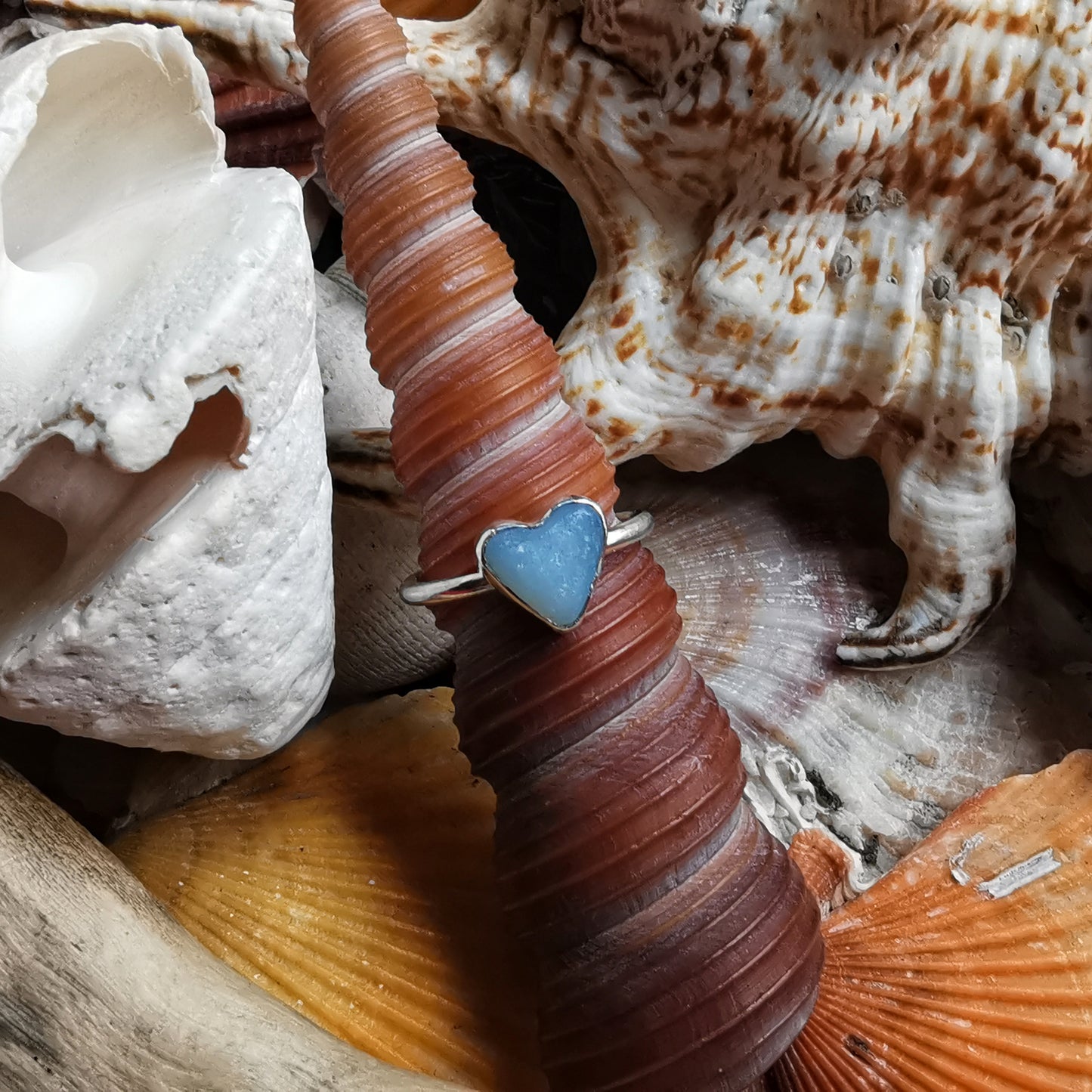 Seaham opalescent sea glass heart & sterling silver ring size N / 7