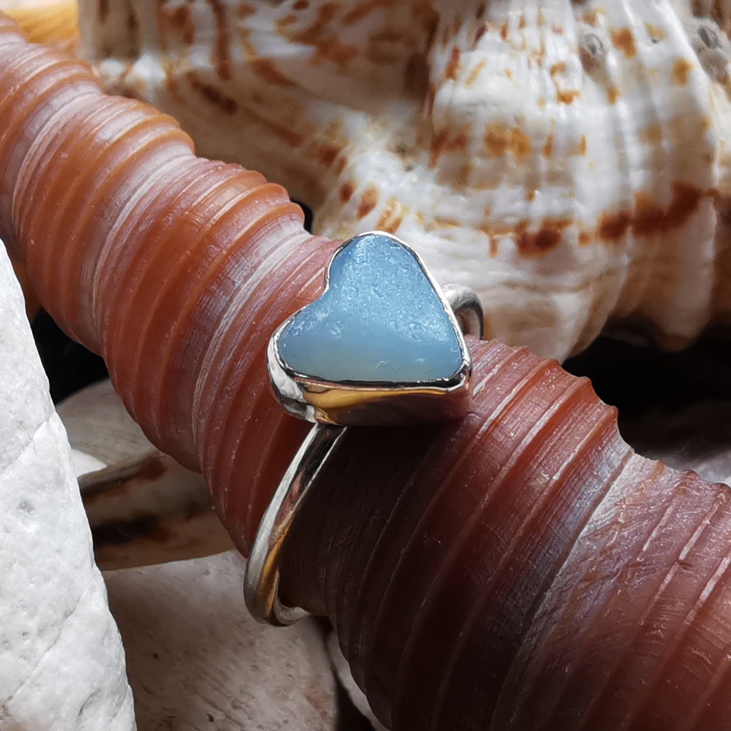 Seaham opalescent sea glass heart & sterling silver ring size N / 7