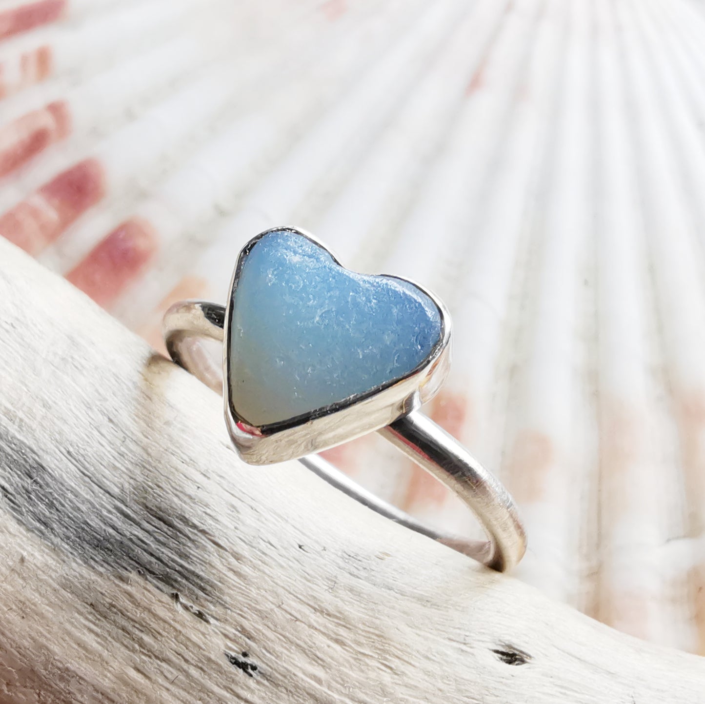 Seaham opalescent sea glass heart & sterling silver ring size N / 7