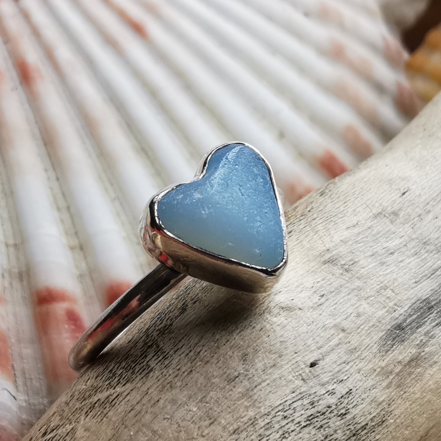 Seaham opalescent sea glass heart & sterling silver ring size N / 7