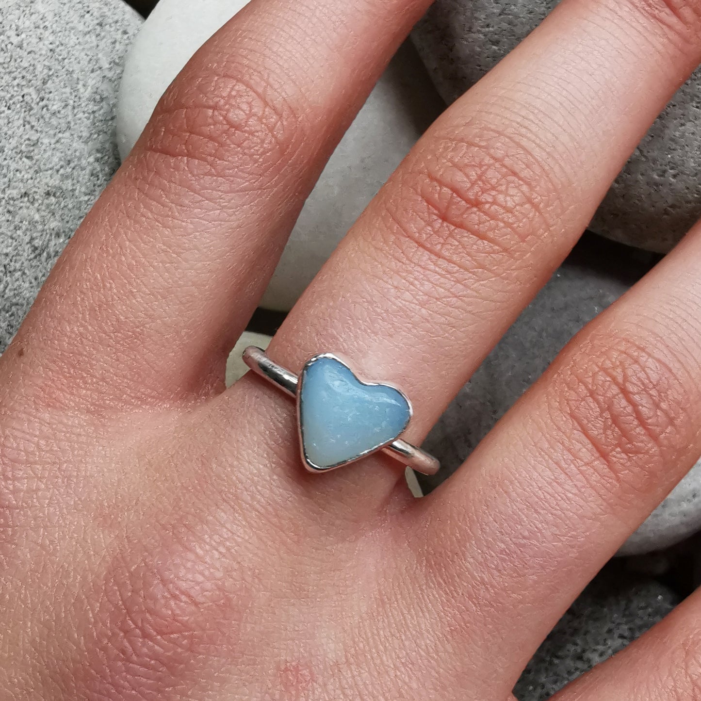 Seaham opalescent sea glass heart & sterling silver ring size N / 7