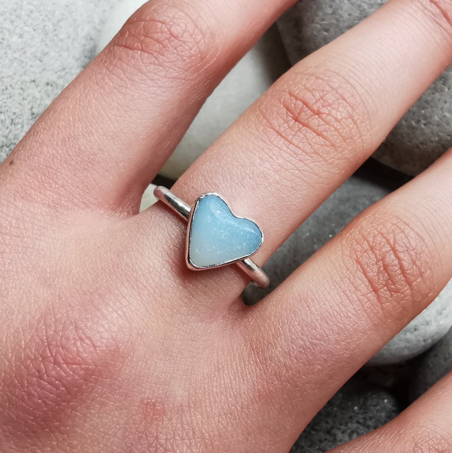 Seaham opalescent sea glass heart & sterling silver ring size N / 7