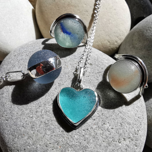 Custom made for Amanda. Sea glass pendants and rings.