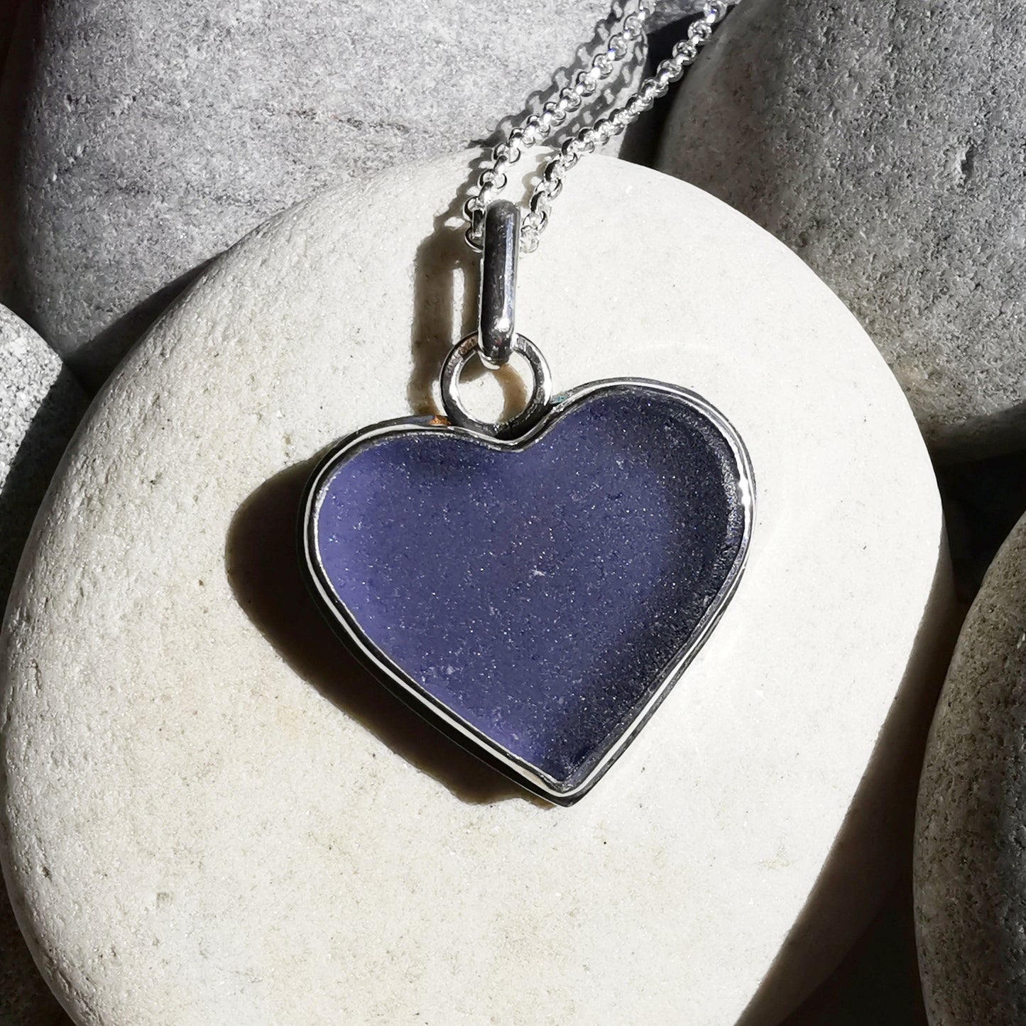 Purple sea glass heart & sterling silver pendant.