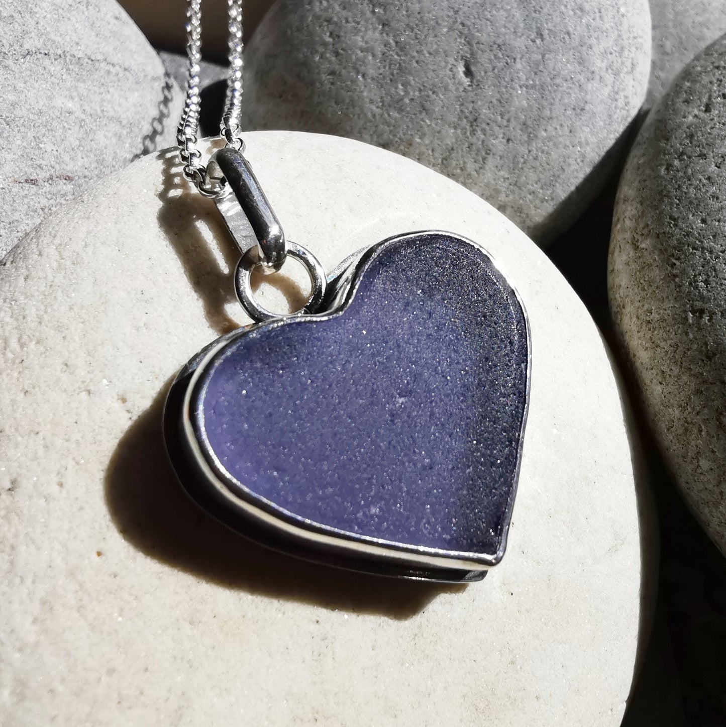 Purple sea glass heart & sterling silver pendant.