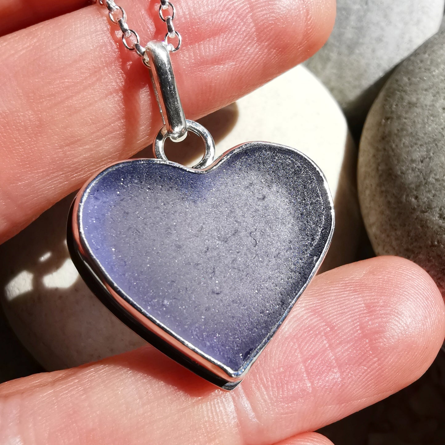 Purple sea glass heart & sterling silver pendant.