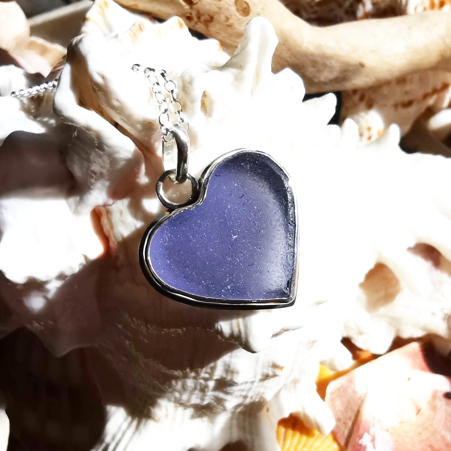 Purple sea glass heart & sterling silver pendant.