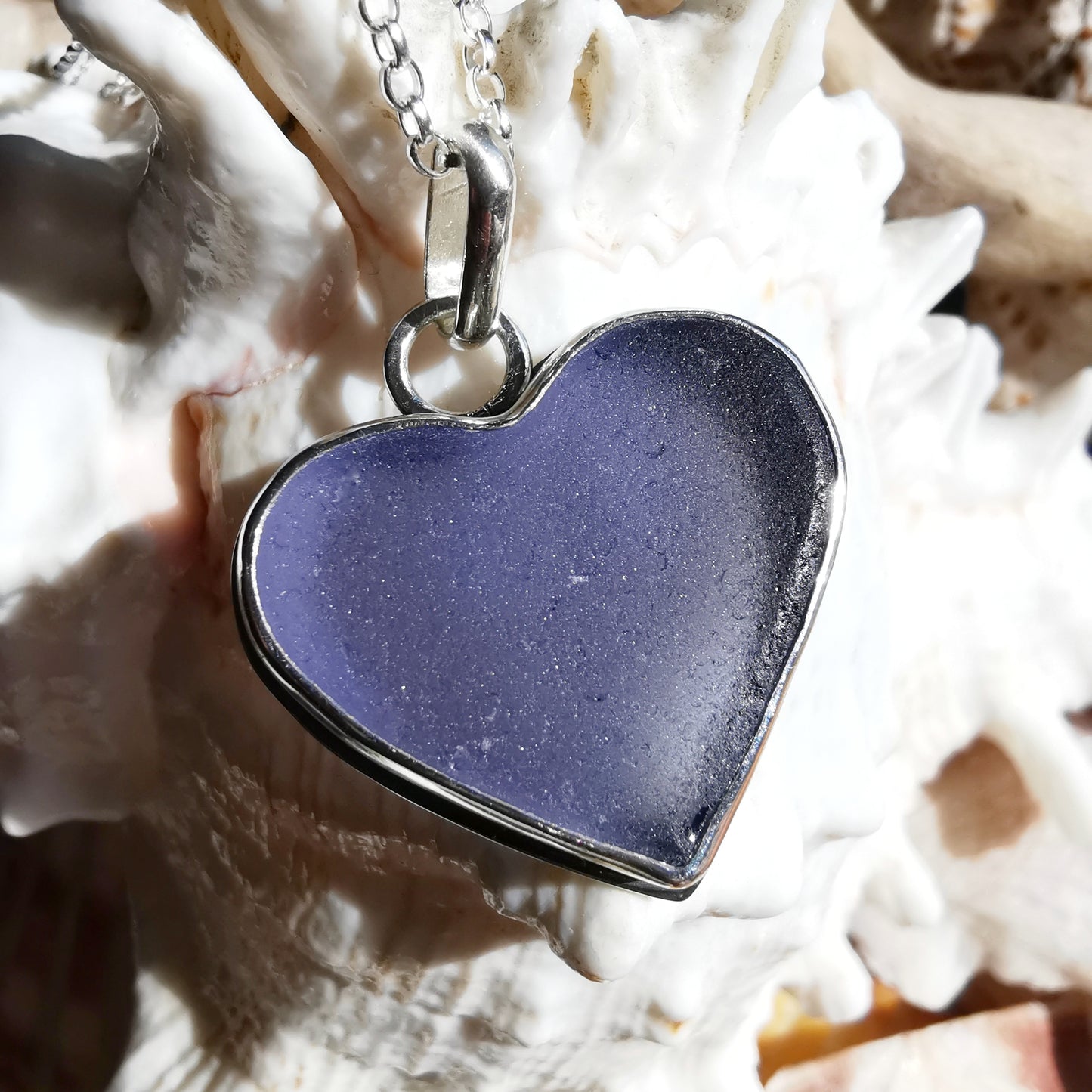 Purple sea glass heart & sterling silver pendant.