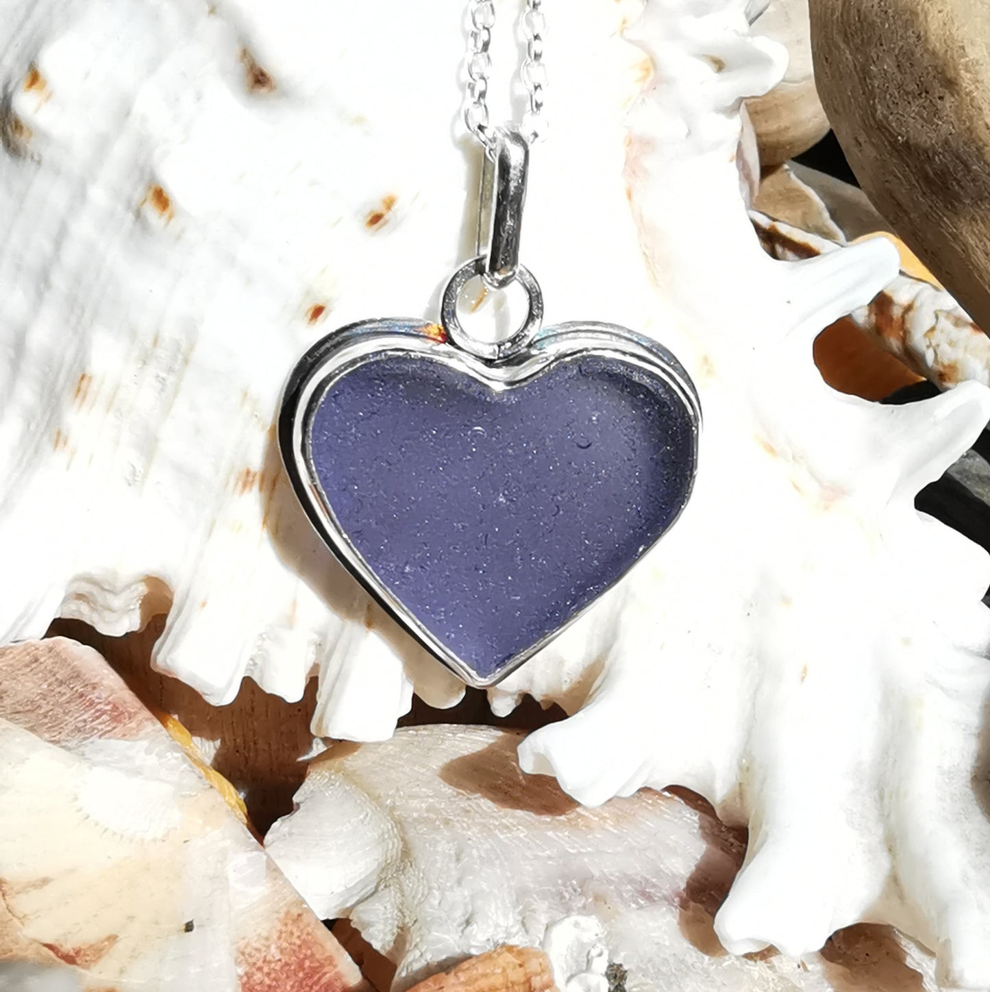 Purple sea glass heart & sterling silver pendant.