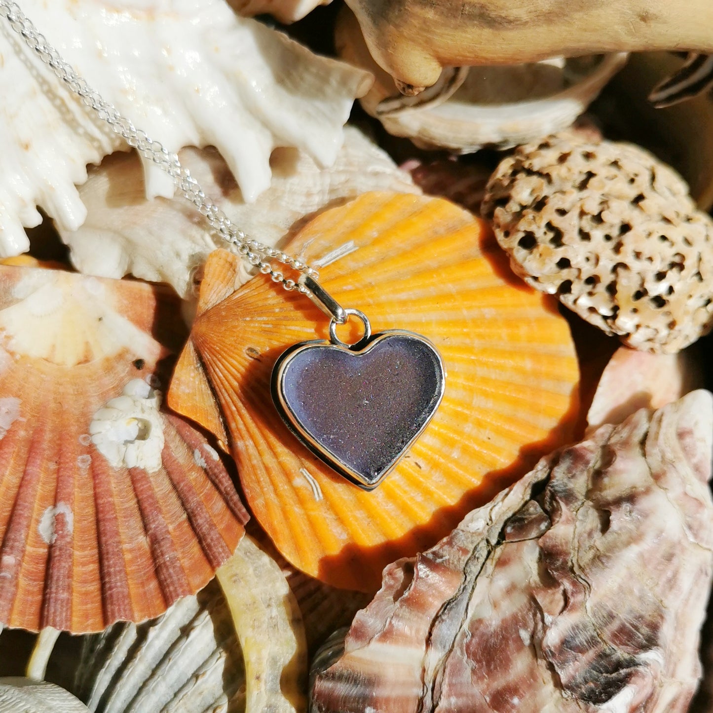 Purple sea glass heart & sterling silver pendant.