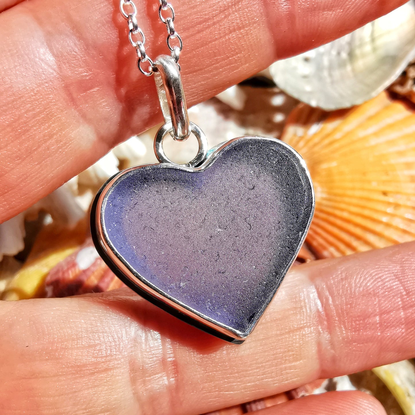 Purple sea glass heart & sterling silver pendant.