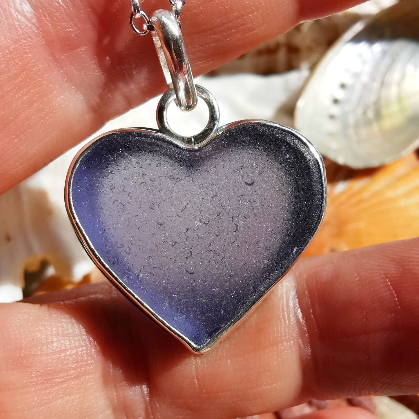 Purple sea glass heart & sterling silver pendant.