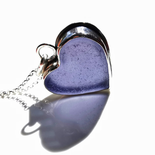 Purple sea glass heart & sterling silver pendant.