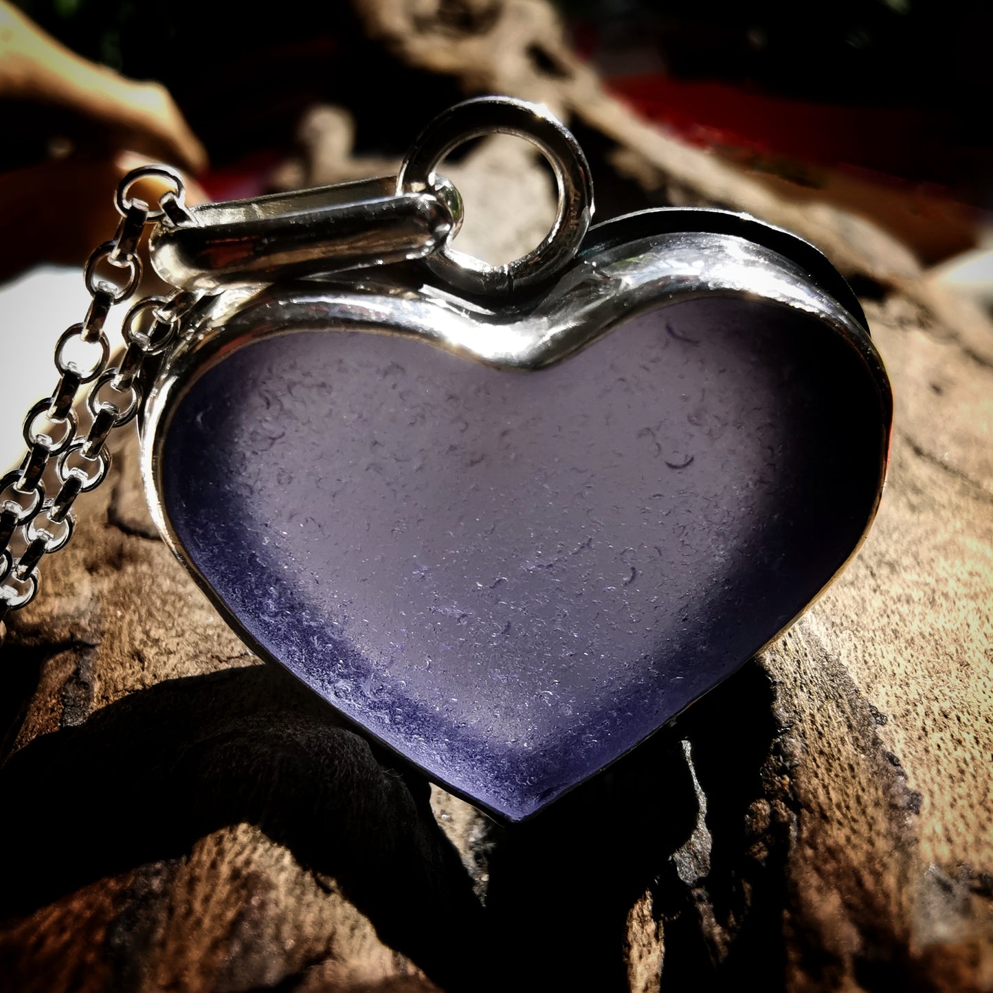 Purple sea glass heart & sterling silver pendant.