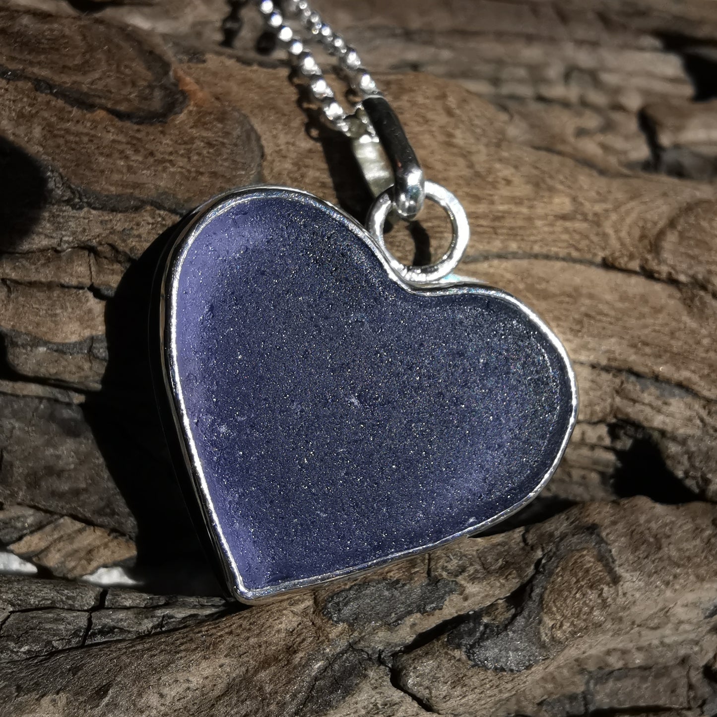 Purple sea glass heart & sterling silver pendant.
