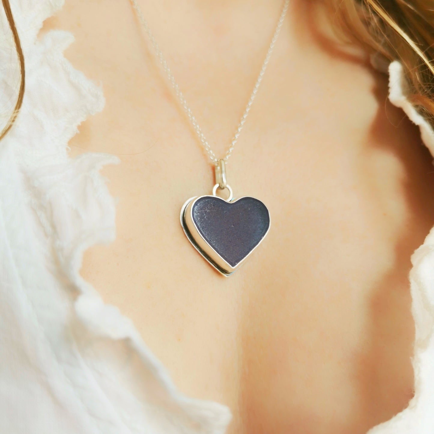 Purple sea glass heart & sterling silver pendant.