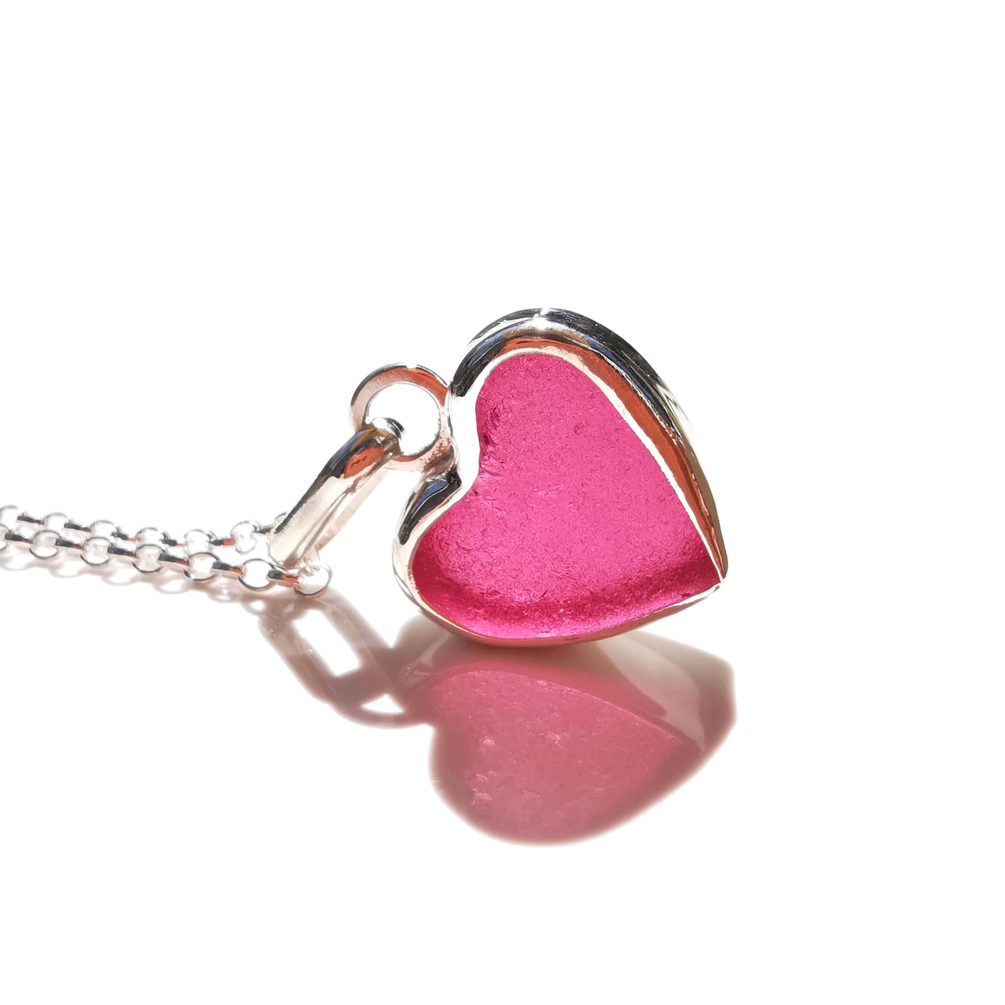 Magenta pink sea glass heart & sterling silver pendant.