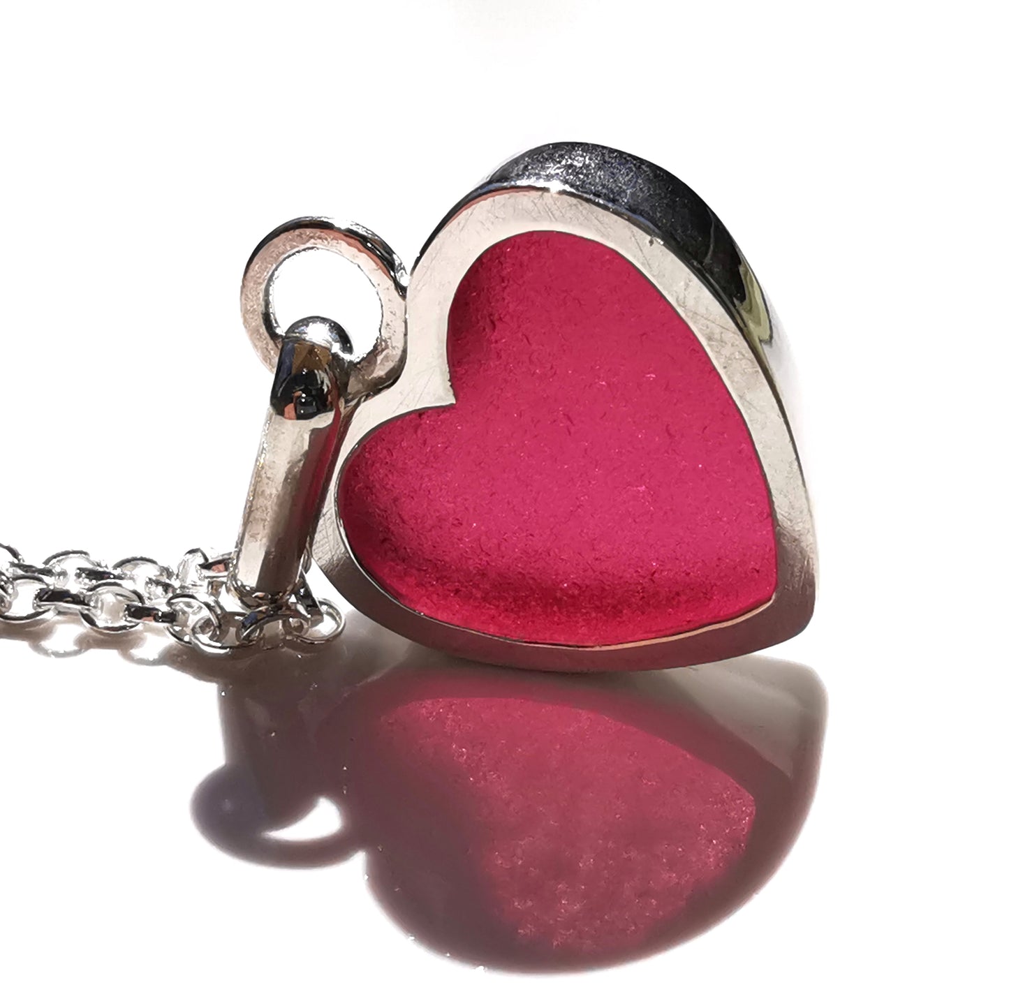 Magenta pink sea glass heart & sterling silver pendant.