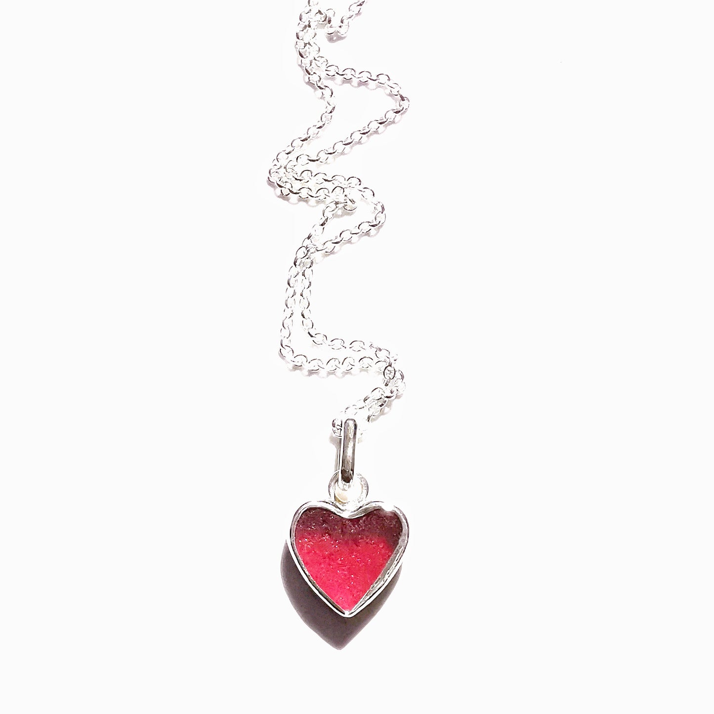 Magenta pink sea glass heart & sterling silver pendant.