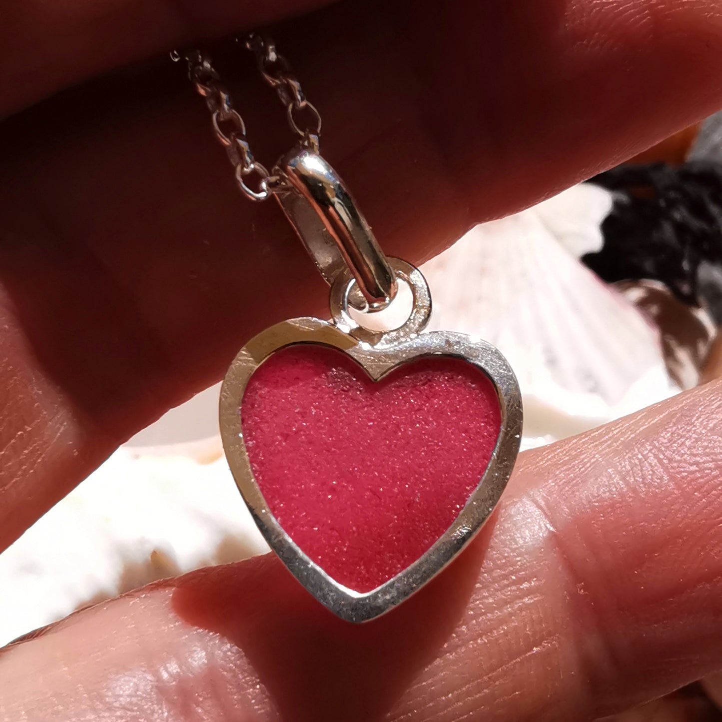 Magenta pink sea glass heart & sterling silver pendant.