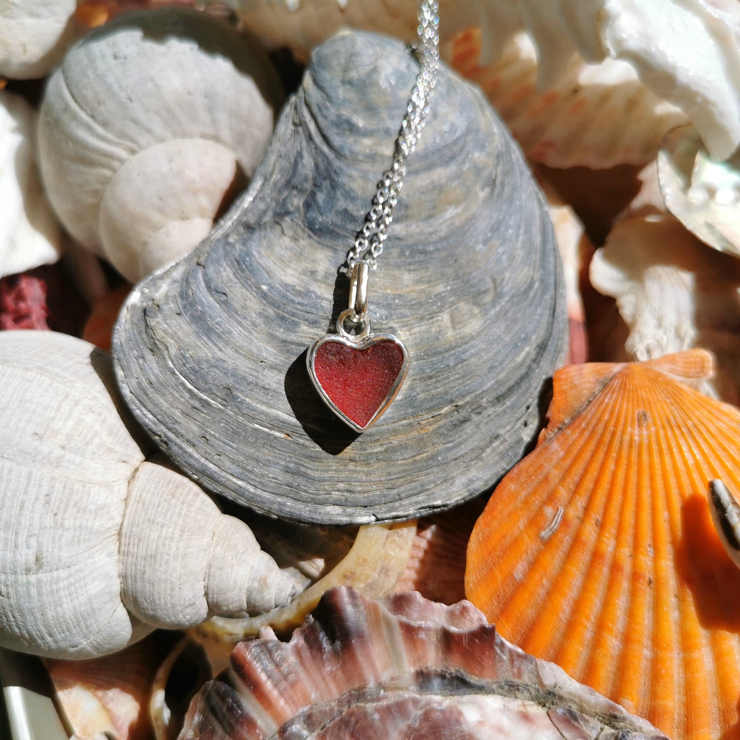 Magenta pink sea glass heart & sterling silver pendant.
