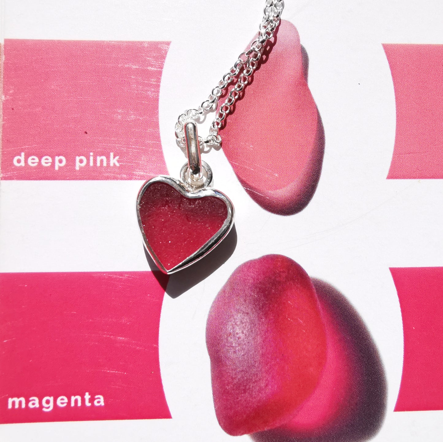 Magenta pink sea glass heart & sterling silver pendant.